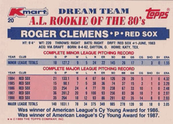 1989 Topps K-Mart Dream Team Baseball 20 Roger Clemens