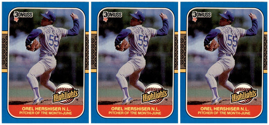 (3) 1987 Donruss Highlights #13 Orel Hershiser Los Angeles Dodgers Card Lot