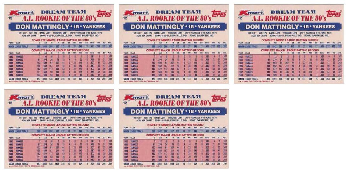 (5) 1989 Topps K-Mart Dream Team Baseball #12 Don Mattingly Lot Yankees