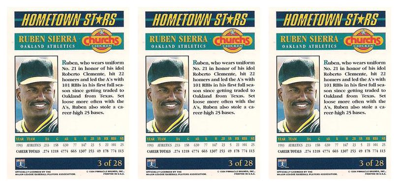 (3) 1994 Pinnacle Church's Hometown Stars #3 Ruben Sierra Lot Athletics