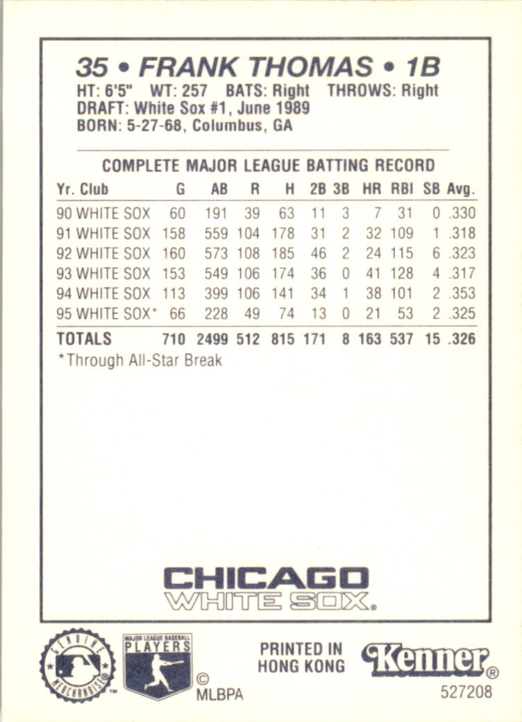1996 Kenner Starting Lineup Card Frank Thomas Chicago White Sox
