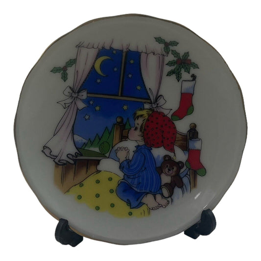 Christmas 3 Inch Vintage Decorative Plate Little Boy Saying Prayers with Holder