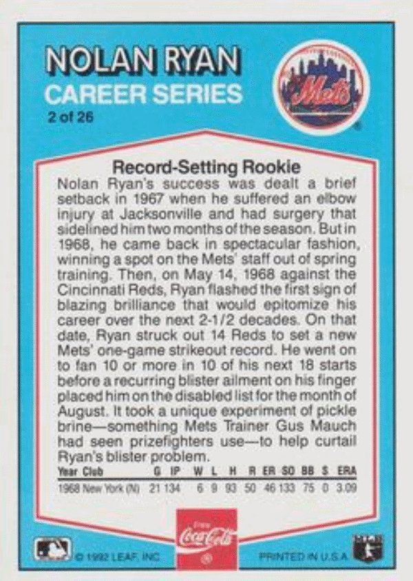 1992 Donruss Coca-Cola Nolan Ryan Baseball #2 Nolan Ryan New York Mets