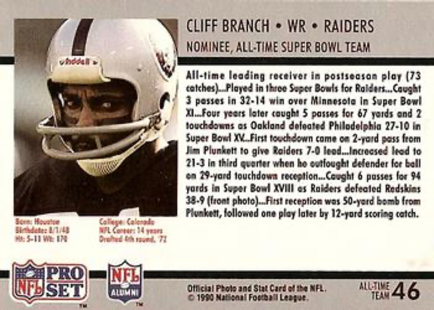 1990-91 Pro Set Super Bowl 160 Football 46 Cliff Branch