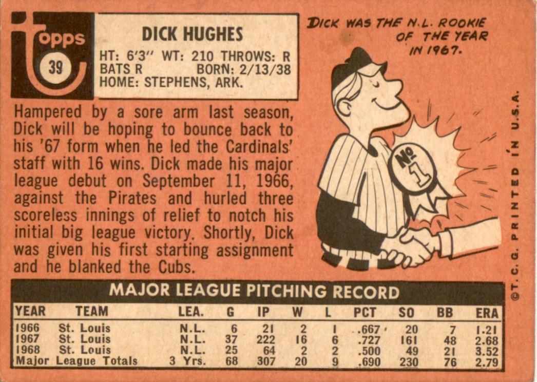 1969 Topps #39 Dick Hughes St. Louis Cardinals VG