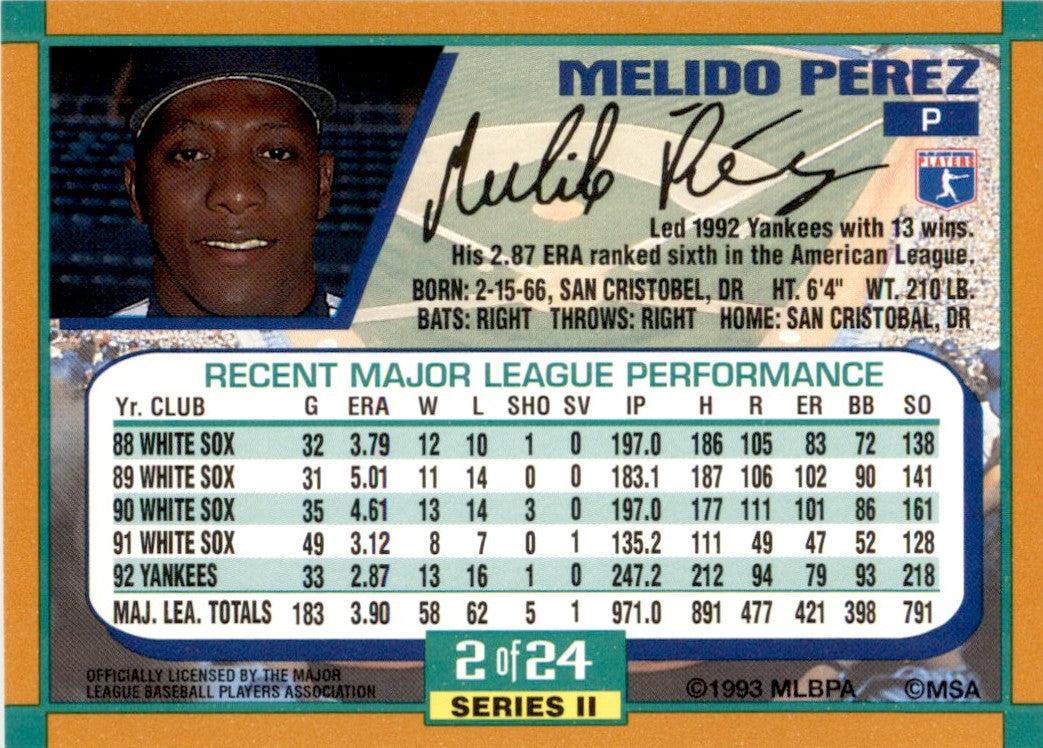 1993 Duracell Power Players II #2 Melido Perez New York Yankees