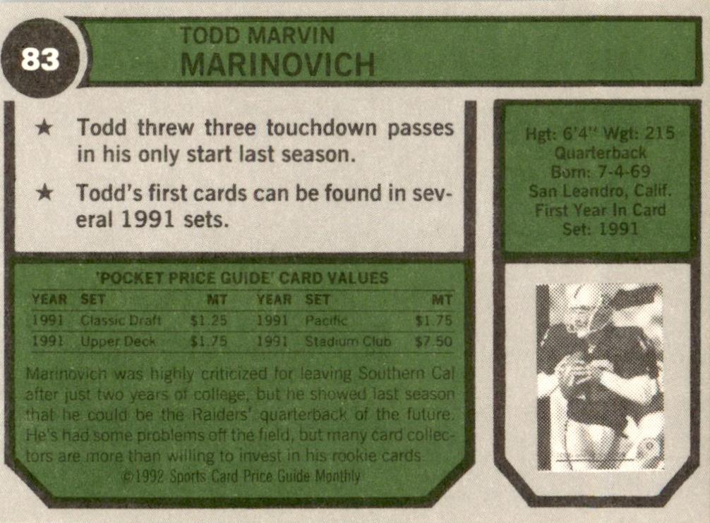 1992 SCD #83 Todd Marinovich Los Angeles Raiders