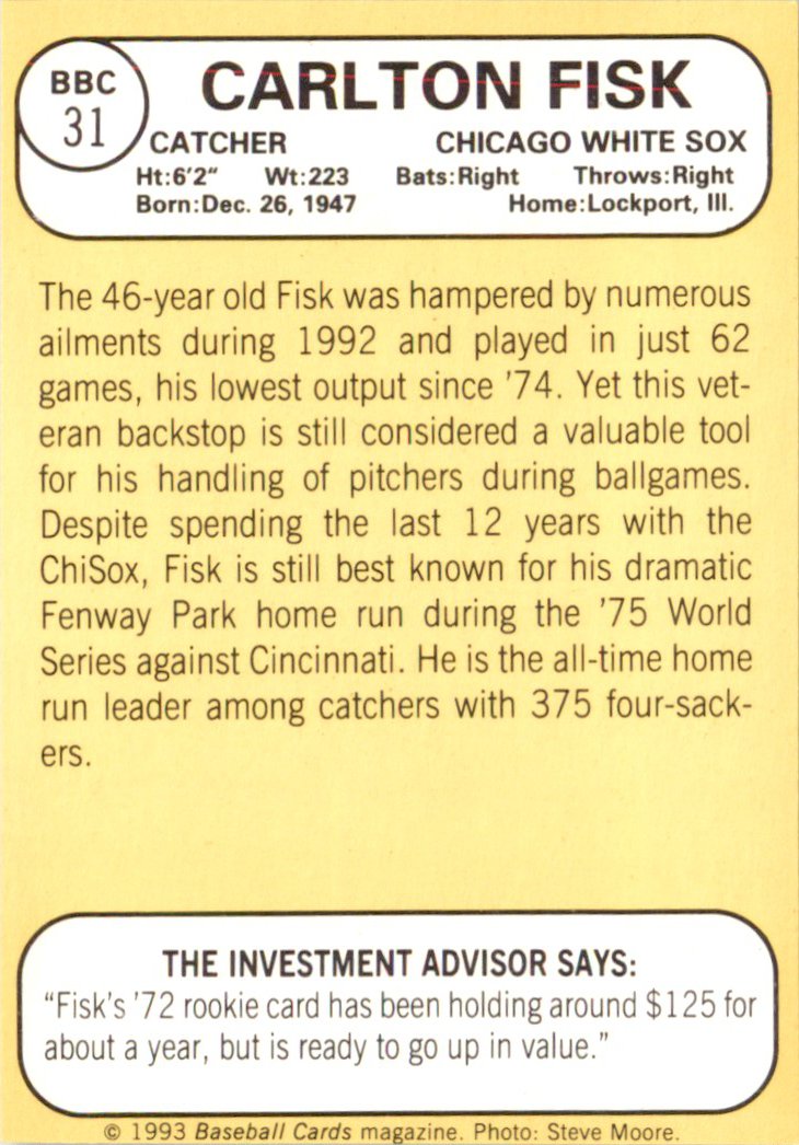 1993 Baseball Card Magazine '68 Topps Replicas #BBC31 Carlton Fisk White Sox