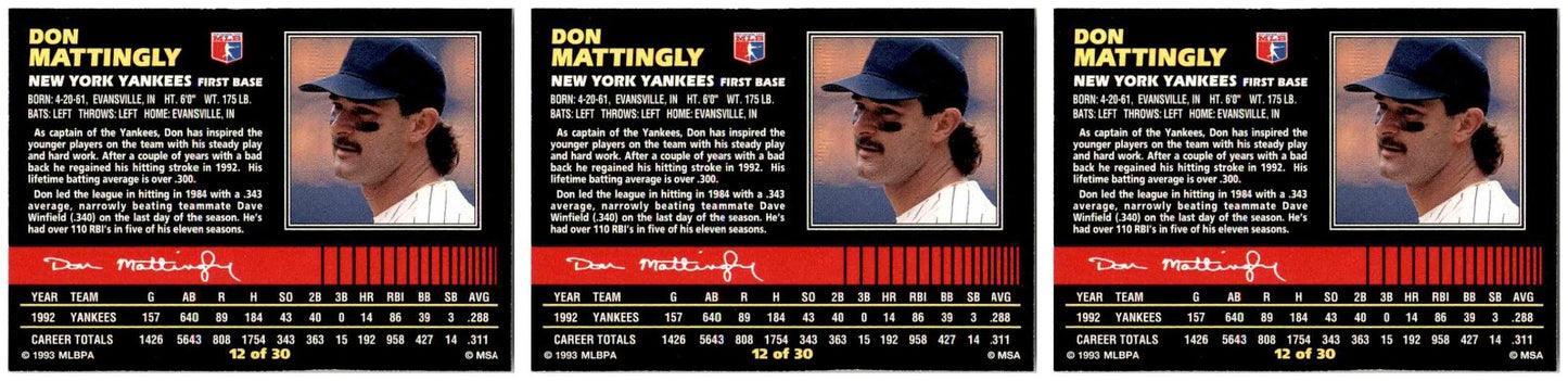 (3) 1993 Post Cereal Baseball #12 Don Mattingly Yankees Baseball Card Lot