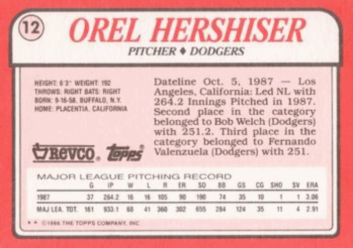 1988 Topps Revco League Leaders Baseball #12 Orel Hershiser Dodgers