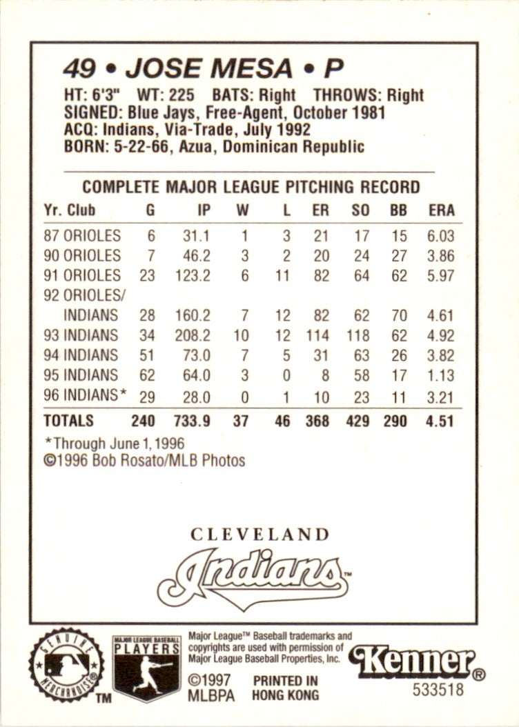 1997 Kenner Starting Lineup Card Jose Mesa Cleveland Indians
