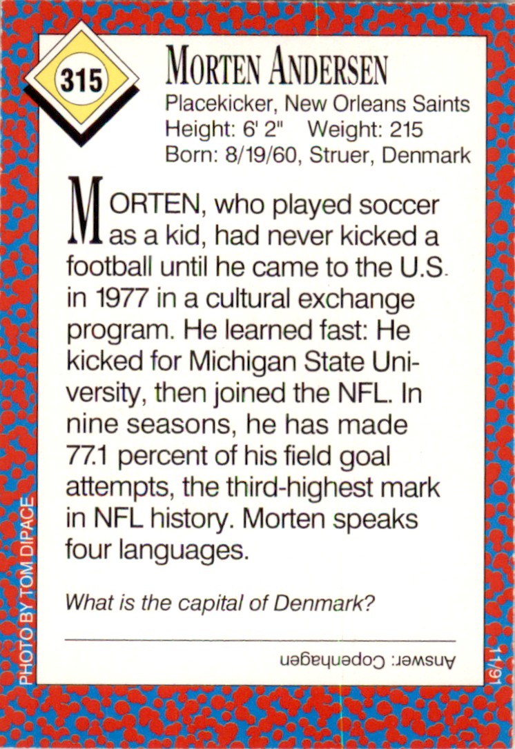 1991 Sports Illustrated for Kids #315 Morten Andersen New Orleans Saints