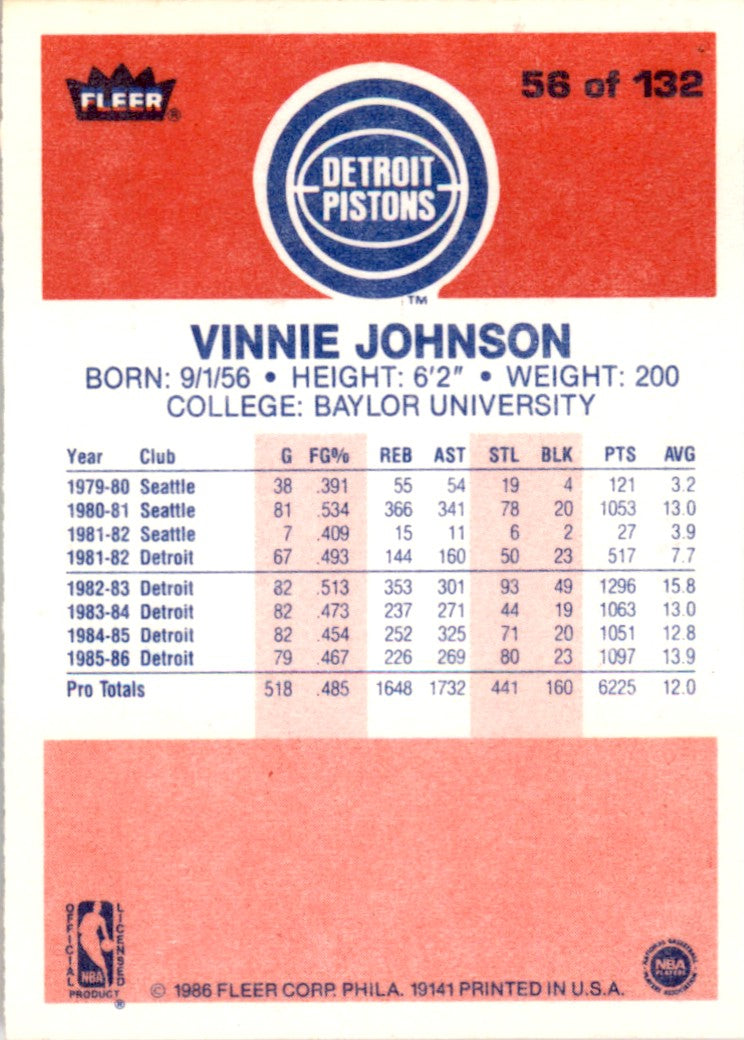 1986 Fleer #56 Vinnie Johnson Detroit Pistons EX