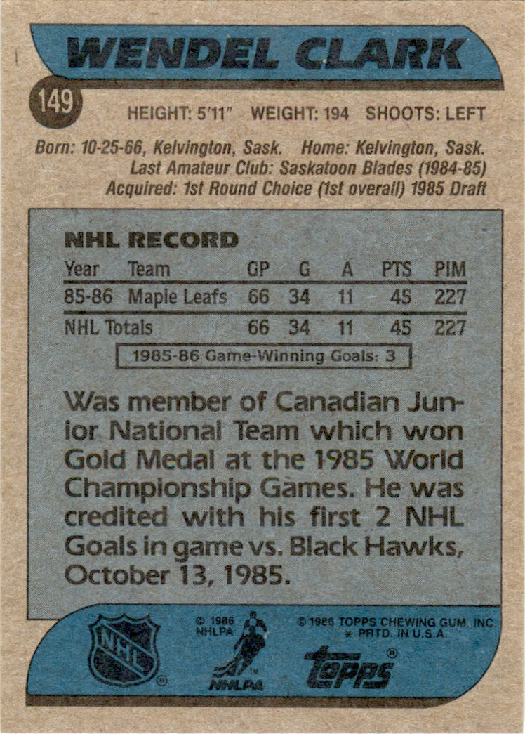 1986 Topps #149 Wendel Clark RC Maple Leafs NM