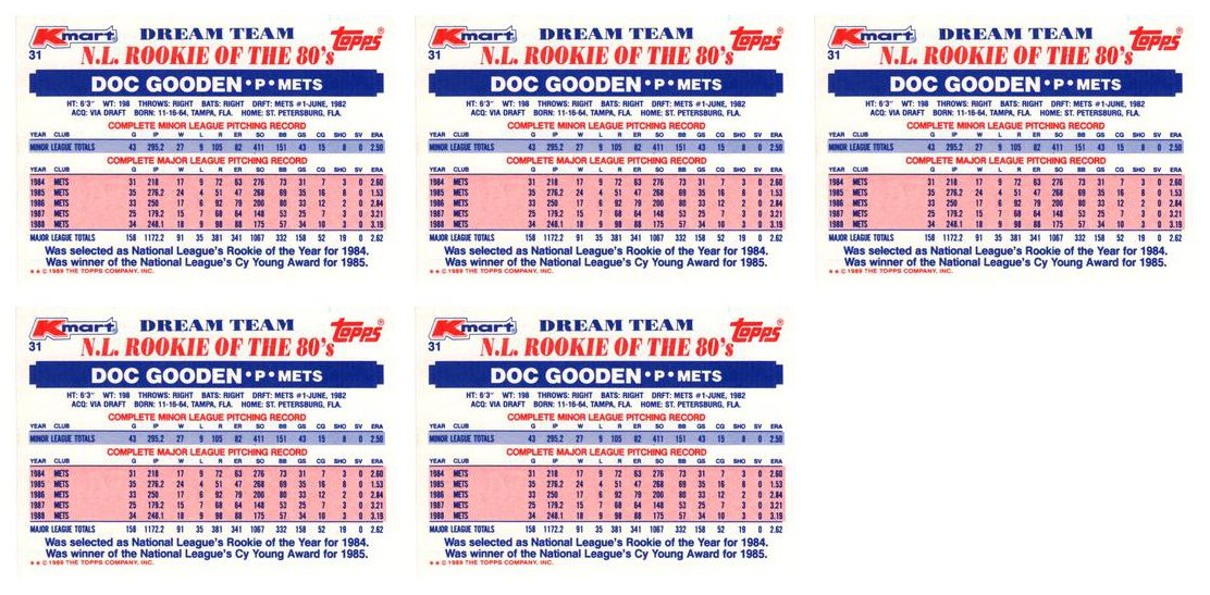 (5) 1989 Topps K-Mart Dream Team Baseball #31 Dwight Gooden Lot Mets