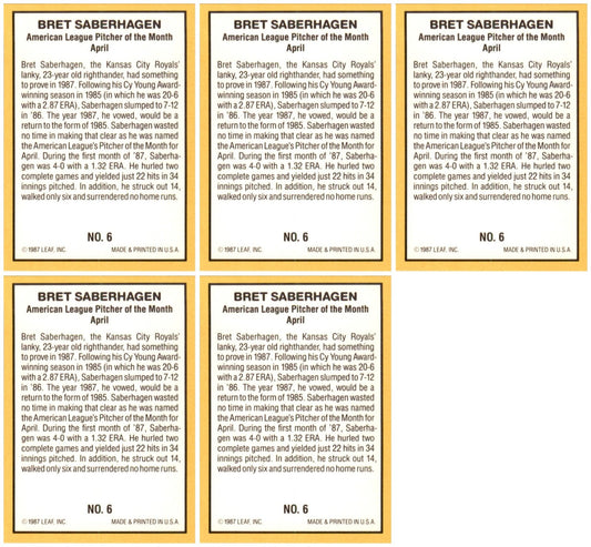 (5) 1987 Donruss Highlights #6 Bret Saberhagen Kansas City Royals Card Lot