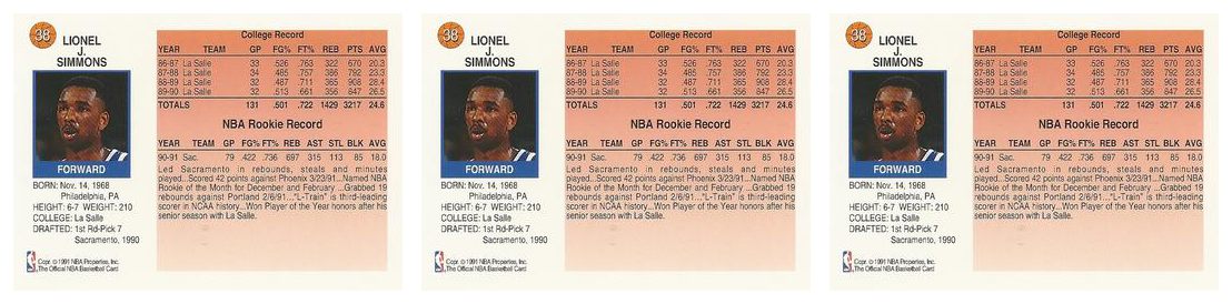 (3) 1991-92 Hoops McDonald's Basketball #38 Lionel Simmons Lot Kings