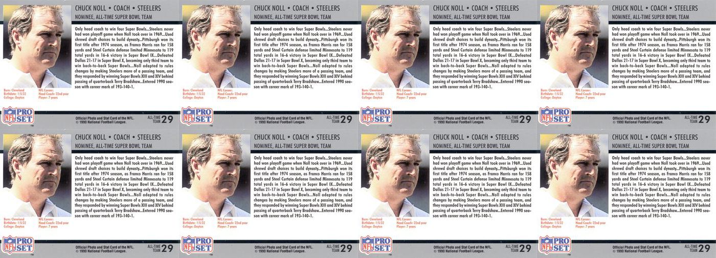(8) 1990-91 Pro Set Super Bowl 160 Football #29 Chuck Noll Steelers Card Lot