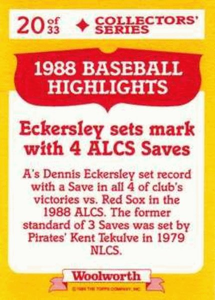 1989 Topps Woolworth Baseball Highlights Baseball 20 Dennis Eckersley