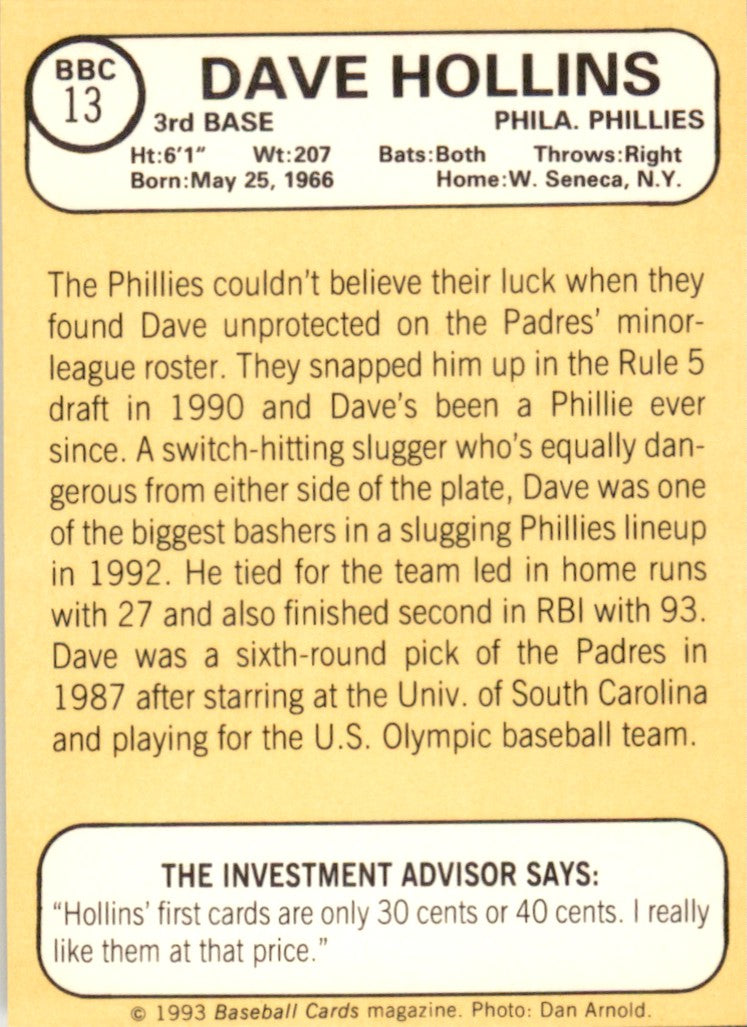 1993 Baseball Card Magazine '68 Topps Replicas # BBC13 Dave Hollins Phillies