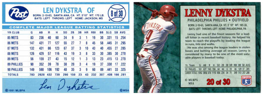 1991 & 1994 Post Cereal Baseball Lenny Dykstra Phillies Baseball Card Lot