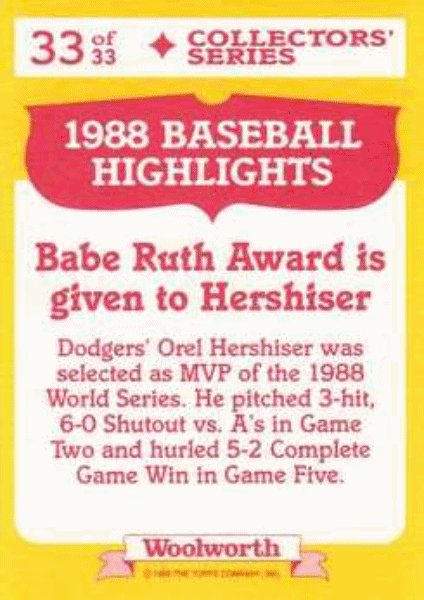 1989 Topps Woolworth Baseball Highlights Baseball 33 Orel Hershiser