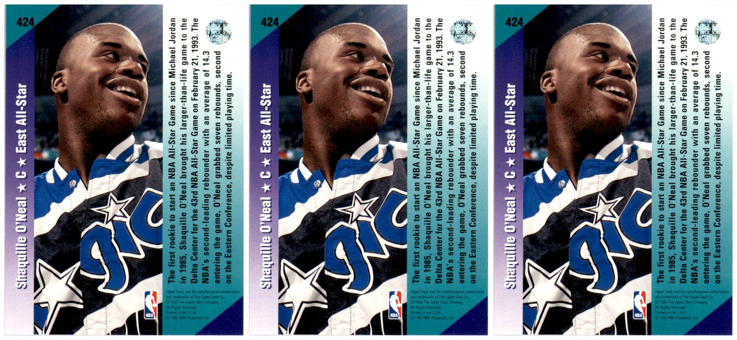 (3) 1992 Upper Deck #424 Shaquille O'Neal Orlando Magic Card Lot