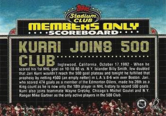 1992 Stadium Club Members Only #NNO Jari Kurri Los Angeles Kings