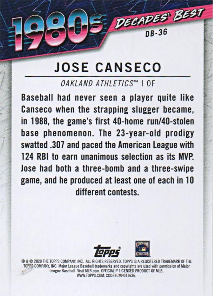 2020 Topps Update Decades' Best #DB-36 Jose Canseco Oakland Athletics
