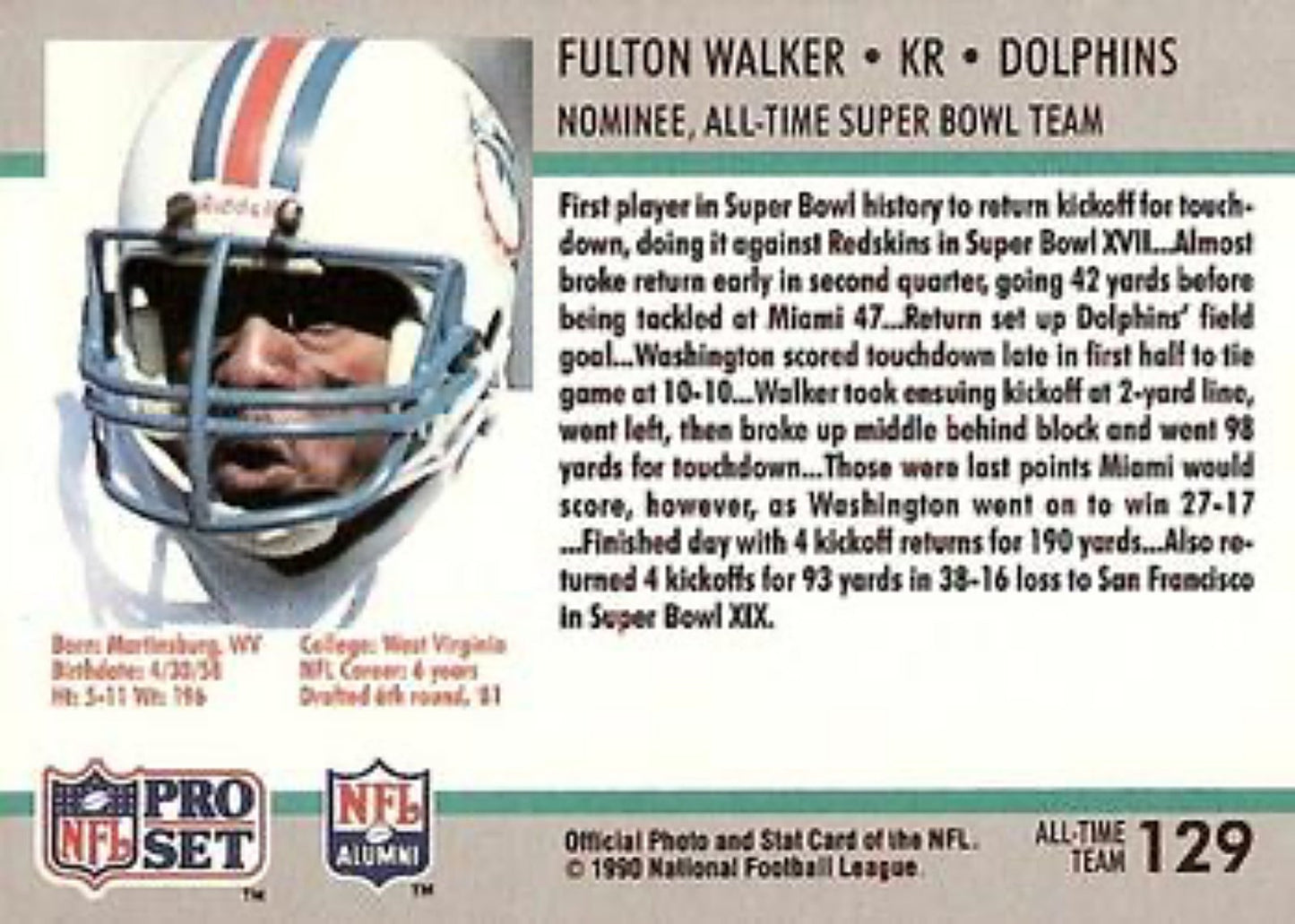 1990-91 Pro Set Super Bowl 160 Football 129 Fulton Walker