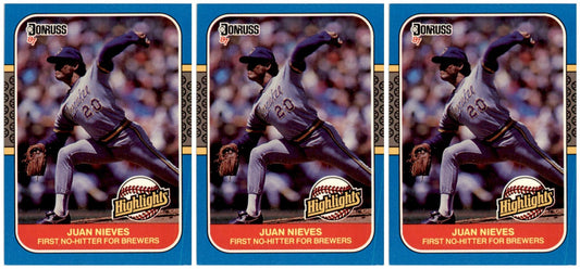 (3) 1987 Donruss Highlights #1 Juan Nieves Milwaukee Brewers Card Lot