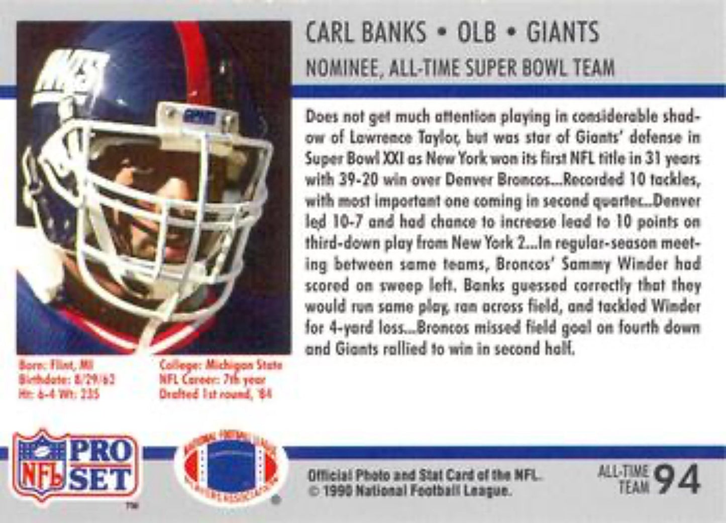 1990-91 Pro Set Super Bowl 160 Football 94 Carl Banks