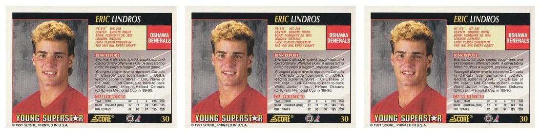 (3) 1991-92 Score Young Superstars Hockey #30 Eric Lindros Card Lot Generals