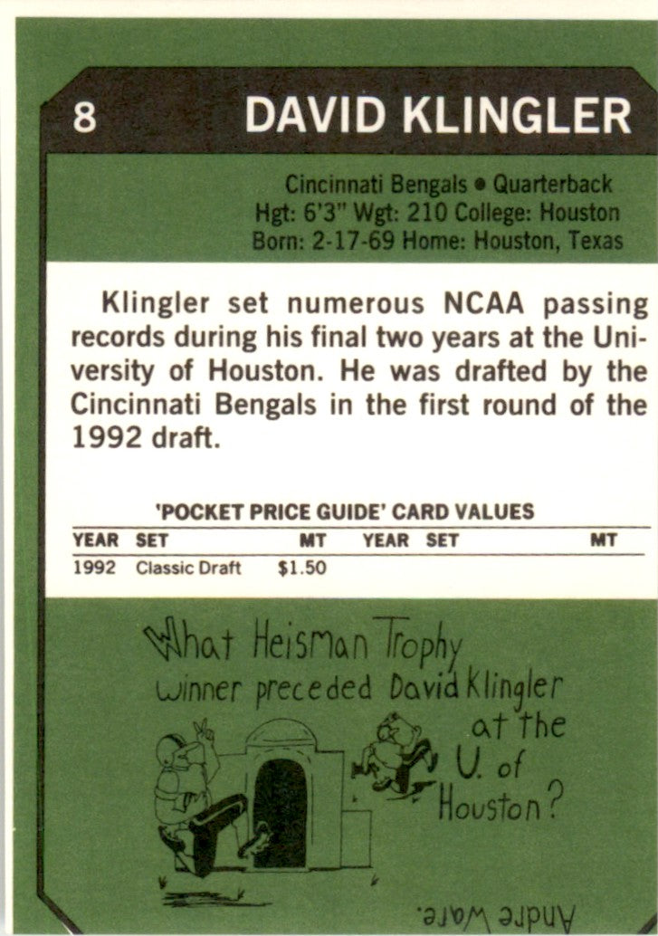 1993 SCD #8 David Klingler Cincinnati Bengals