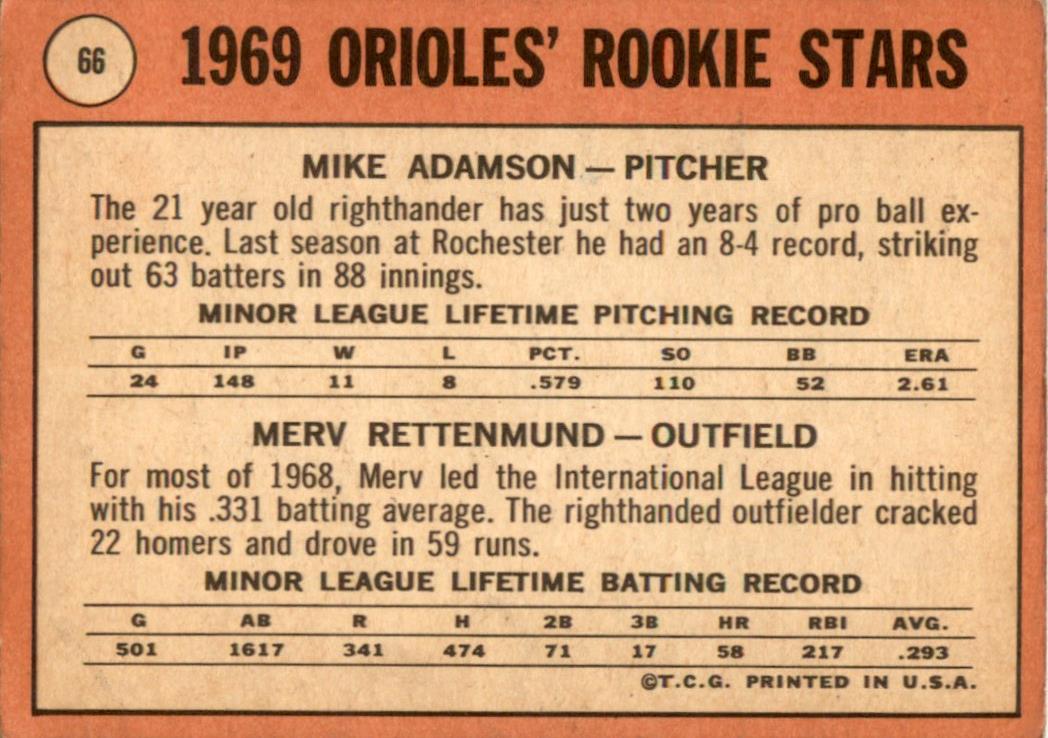 1969 Topps #66 Orioles Rookies - Mike Adamson/Merv Rettenmund Orioles VG