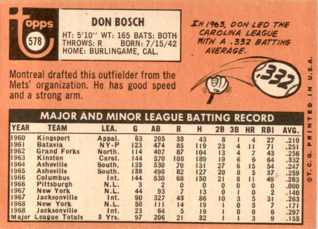 1969 Topps #578 Don Bosch Montreal Expos EX
