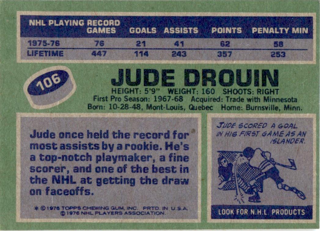 1976 Topps #106 Jude Drouin New York Islanders EX