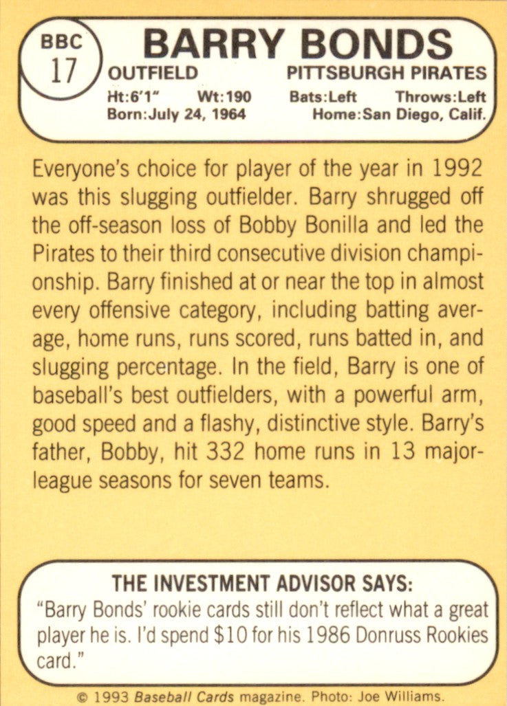 1993 Baseball Card Magazine '68 Topps Replicas # BBC17 Barry Bonds Pirates
