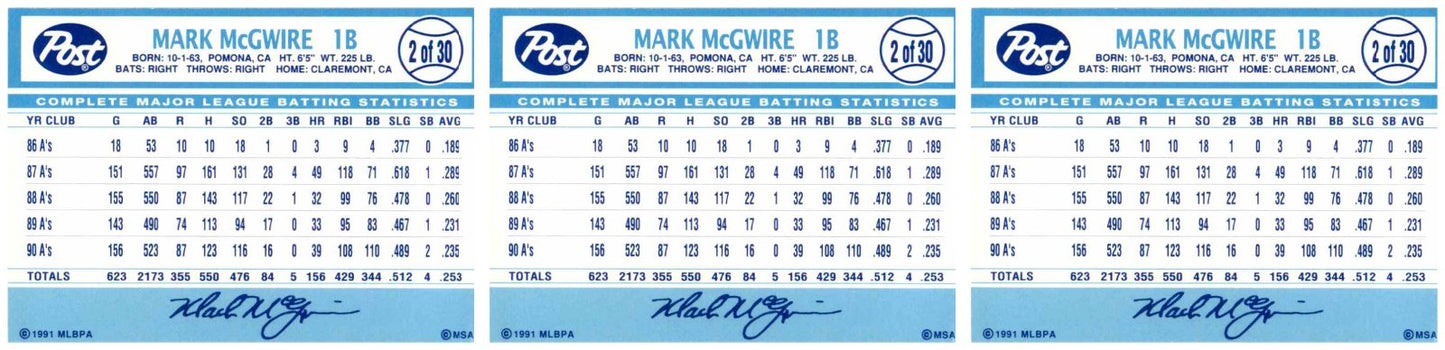 (3) 1991 Post Cereal Baseball #2 Mark McGwire Athletics Baseball Card Lot