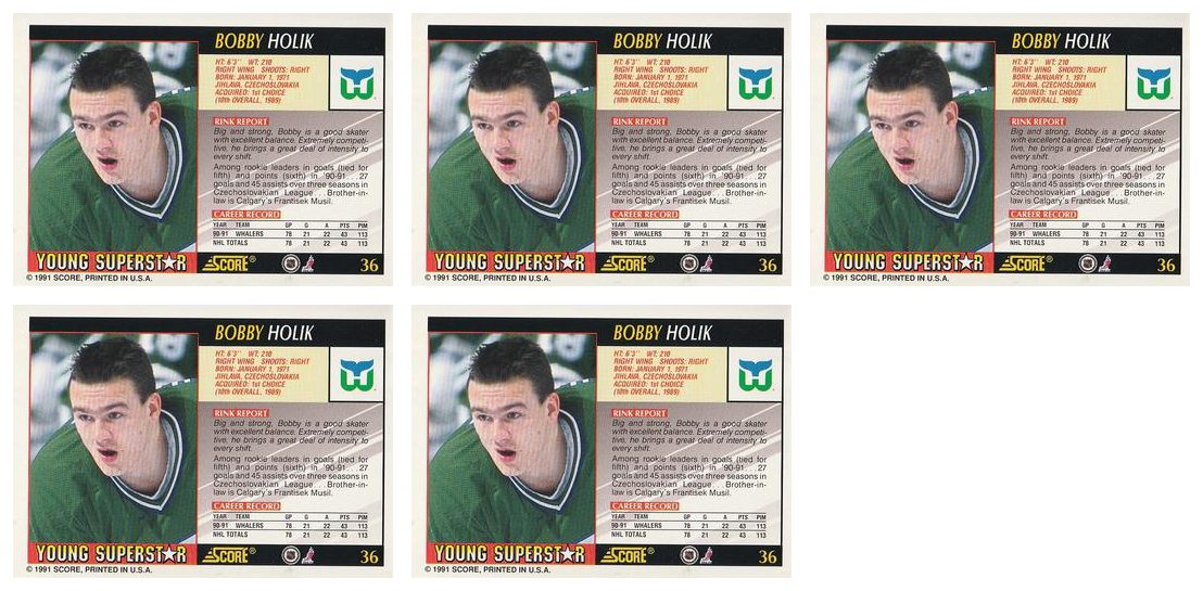 (5) 1991-92 Score Young Superstars Hockey #36 Bobby Holik Card Lot Whalers