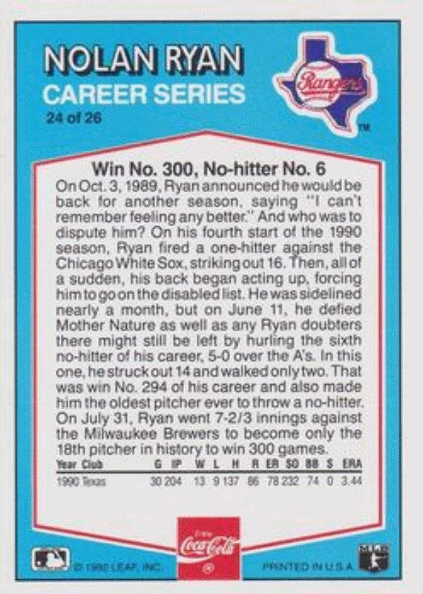 1992 Donruss Coca-Cola Nolan Ryan Baseball #24 Nolan Ryan Texas Rangers