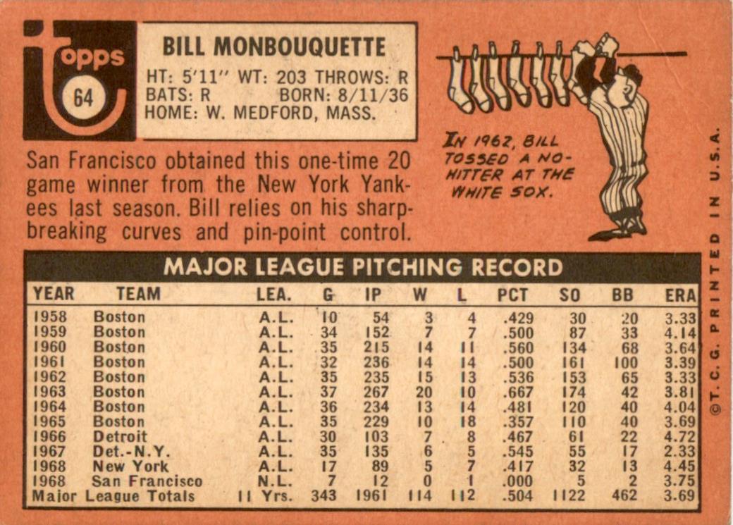 1969 Topps #64 Bill Monbouquette San Francisco Giants VG-EX