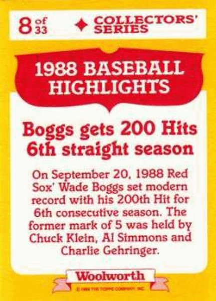 1989 Topps Woolworth Baseball Highlights Baseball 8 Wade Boggs