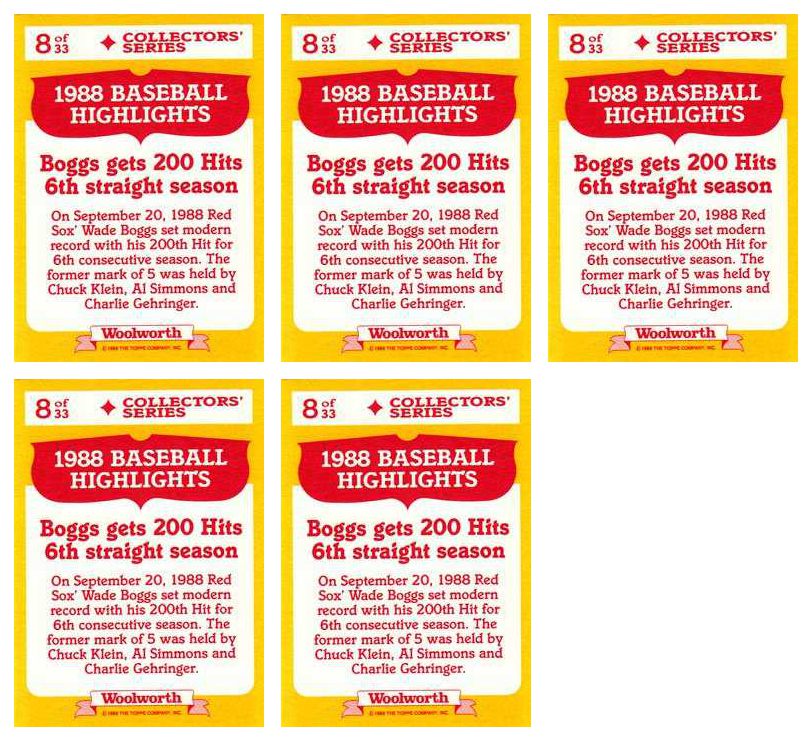 (5) 1989 Topps Woolworth Baseball Highlights #8 Wade Boggs Lot Red Sox