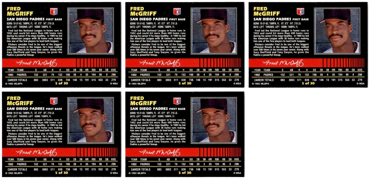 (5) 1993 Post Cereal Baseball #5 Fred McGriff Padres Baseball Card Lot