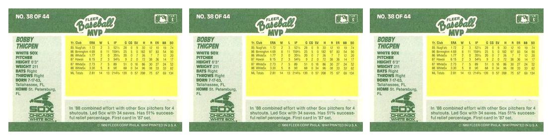 (3) 1989 Fleer Baseball MVP's Baseball #38 Bobby Thigpen Lot Chicago White Sox