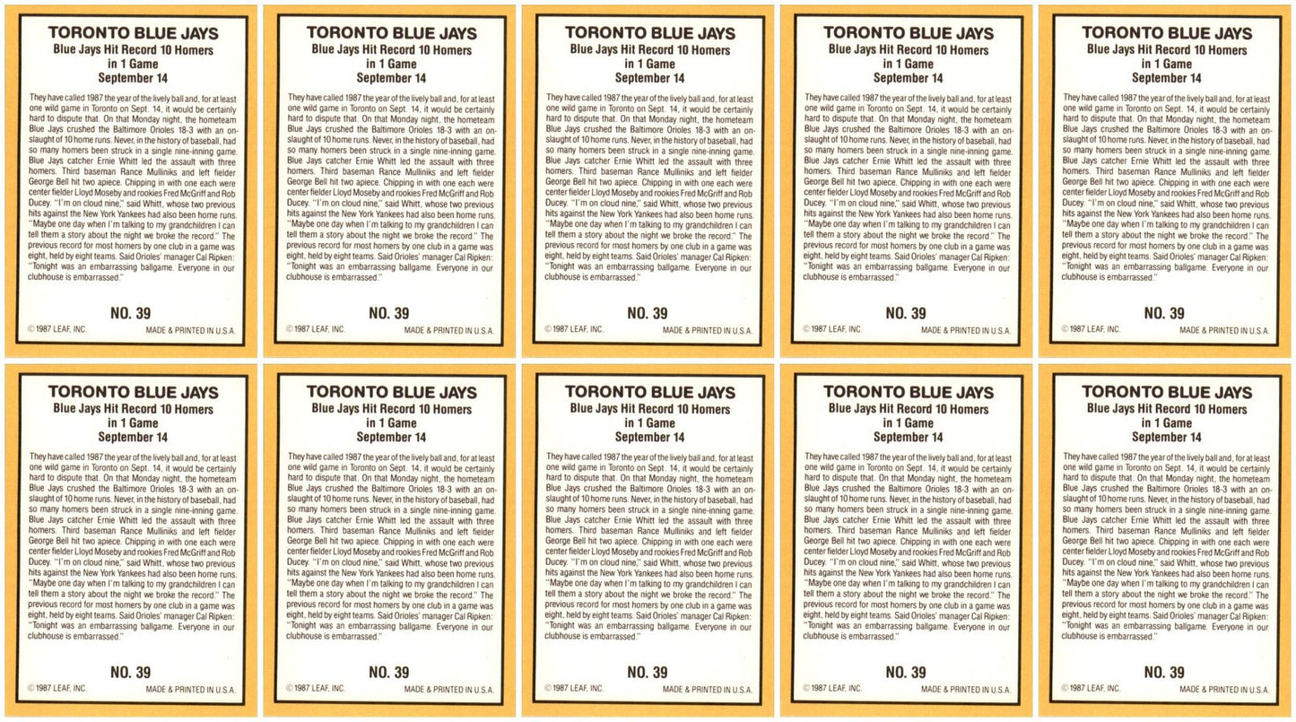 (10) 1987 Donruss Highlights #39 McGriff Ducey Whitt Blue Jays Card Lot