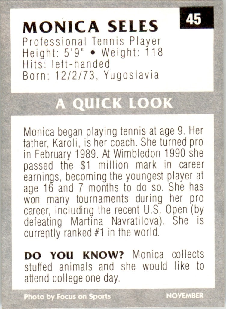 1991 Tuff Stuff Jr. #45 Monica Seles