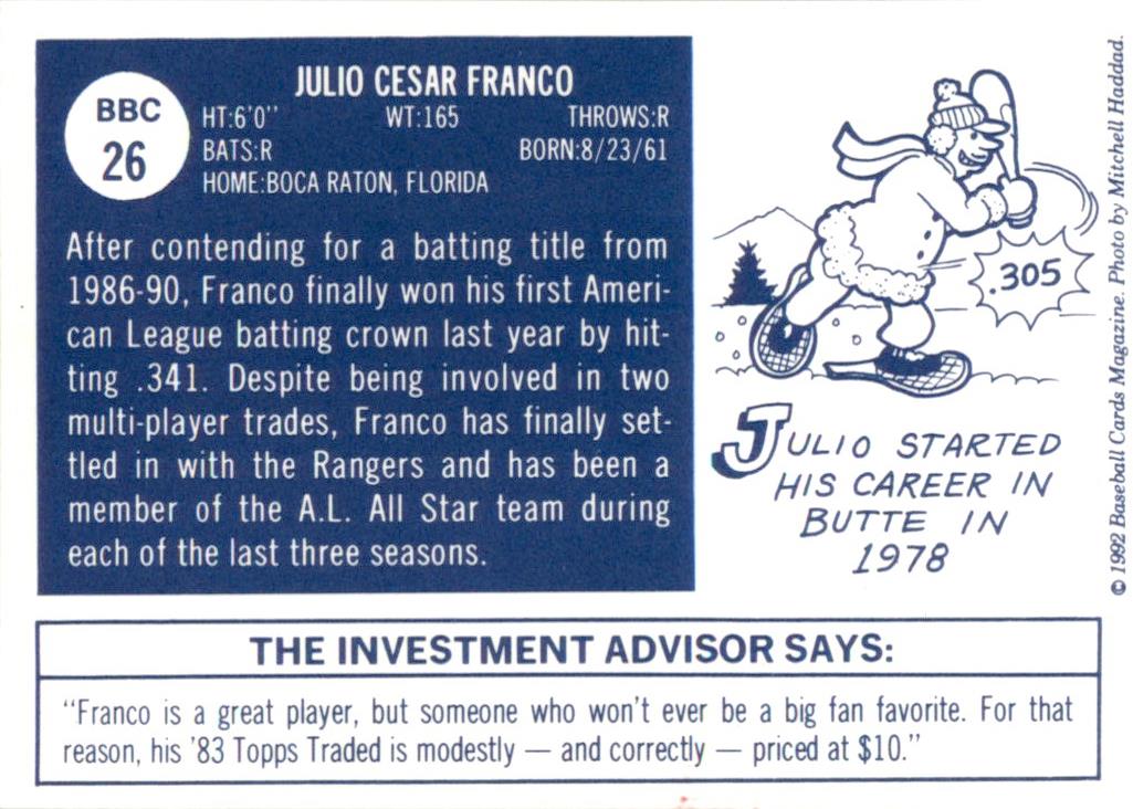 1992 Baseball Cards Magazine '70 Topps Replicas #26 Julio Franco Rangers