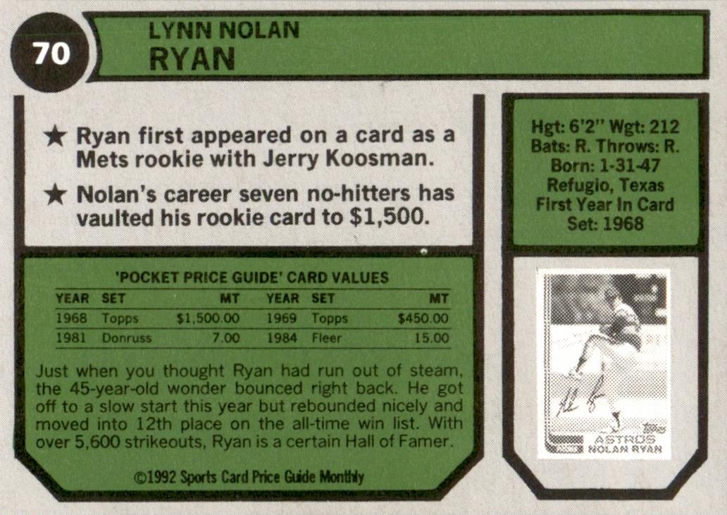 1992 SCD #70 Nolan Ryan Texas Rangers